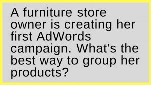 A furniture store owner is creating her first AdWords campaign. What's the best way to group her products?
